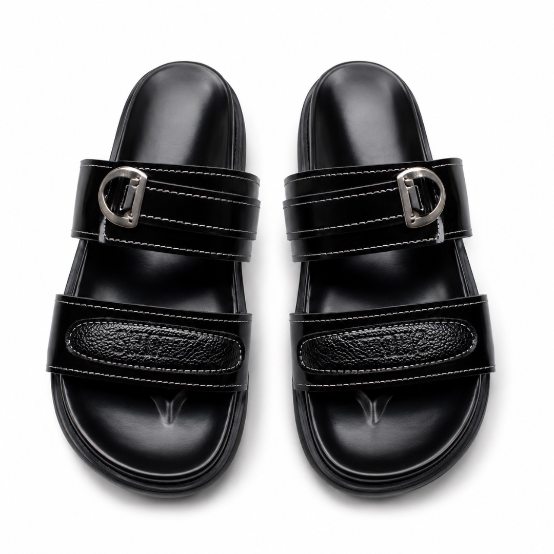 Mens Black Slide Sandals with Double Straps